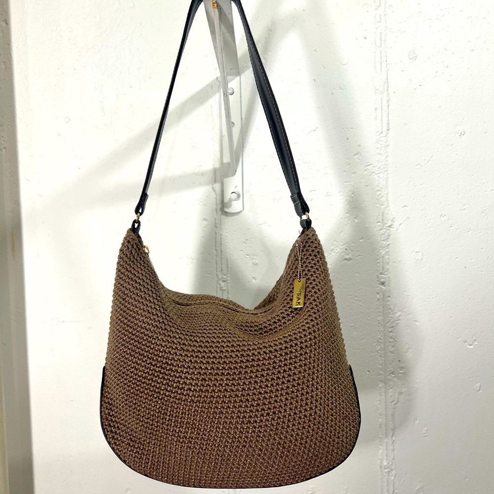 The Sak Elliot Lucca Shoulder Bag Tan Crochet Leather Handle and Bottom Purse